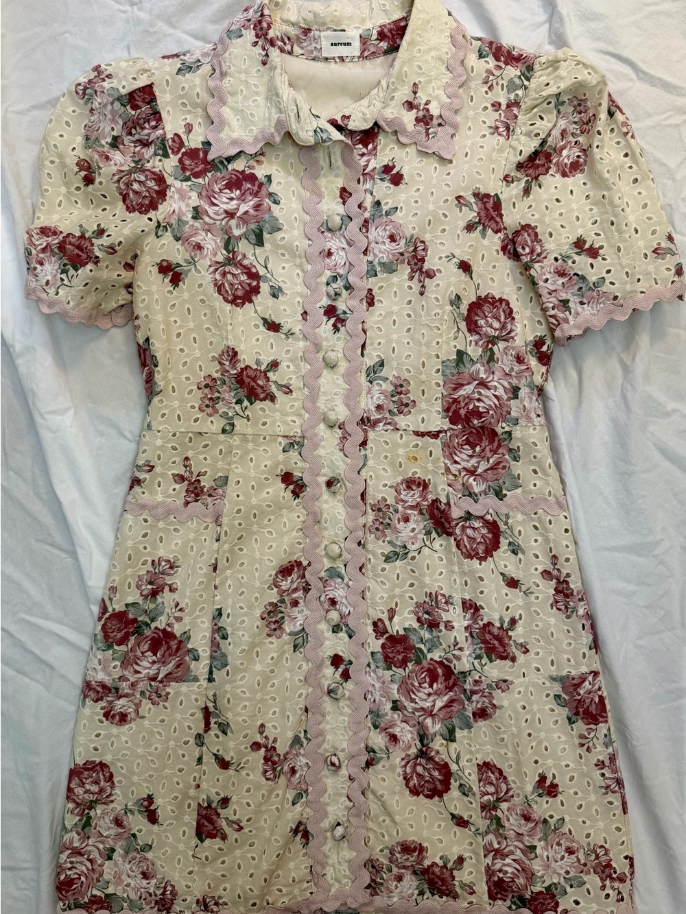 AUREUM Cream Eyelet Mini Dress with Pink Rose Print